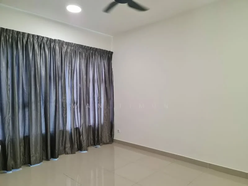 Room features: grey curtains, white painted walls, glossy tile flooring, ceiling light, ceiling fan.