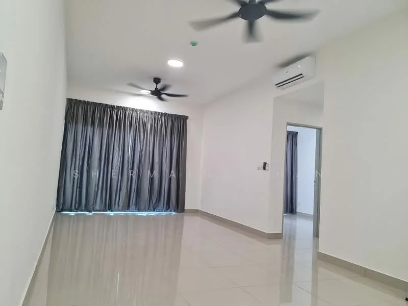 Living features: white painted walls, glossy ceramic tile flooring, 2 ceiling fans, recessed downlights, floor-to-ceiling windows with sheer curtains, air conditioning unit, neutral color scheme; style: modern.