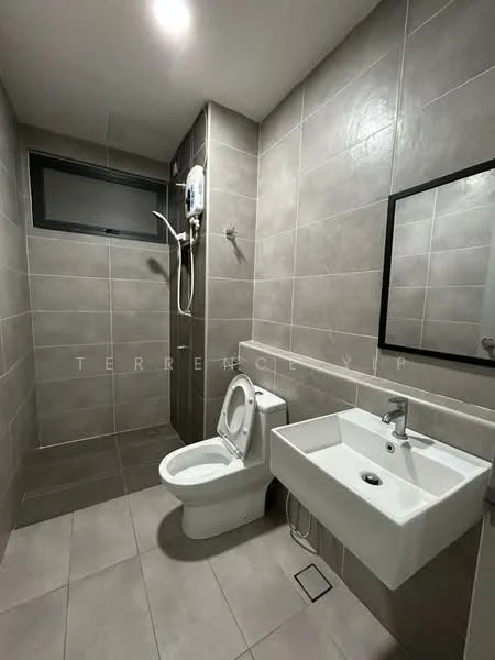 Bathroom features: grey tiled walls, grey tiled flooring, white wall-mounted sink, chrome basin mixer faucet, one-piece toilet, shower with wall-mounted showerhead, mirror above sink, window for natural light; style: modern.