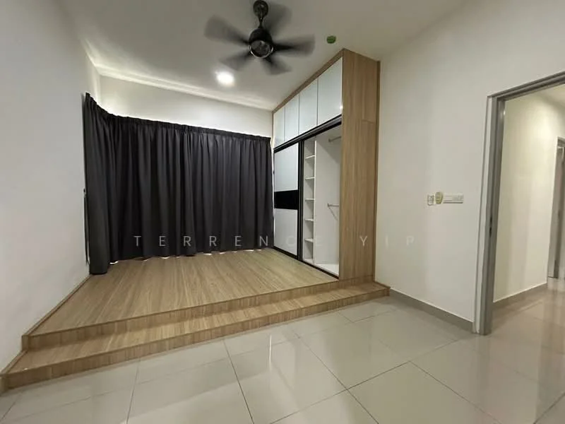 Room features: wooden flooring, white painted walls, grey curtains, built-in cabinetry, recessed lighting, ceiling fan, step-up platform, large floor tiles; style: modern.