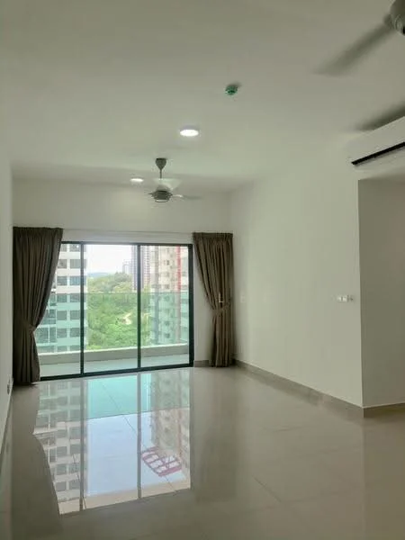 Living features: white painted walls, glossy tile flooring, 5-blade ceiling fan with light, floor-to-ceiling windows, sliding glass door, sheer curtains, recessed downlights, view of greenery; style: modern; view: garden.
