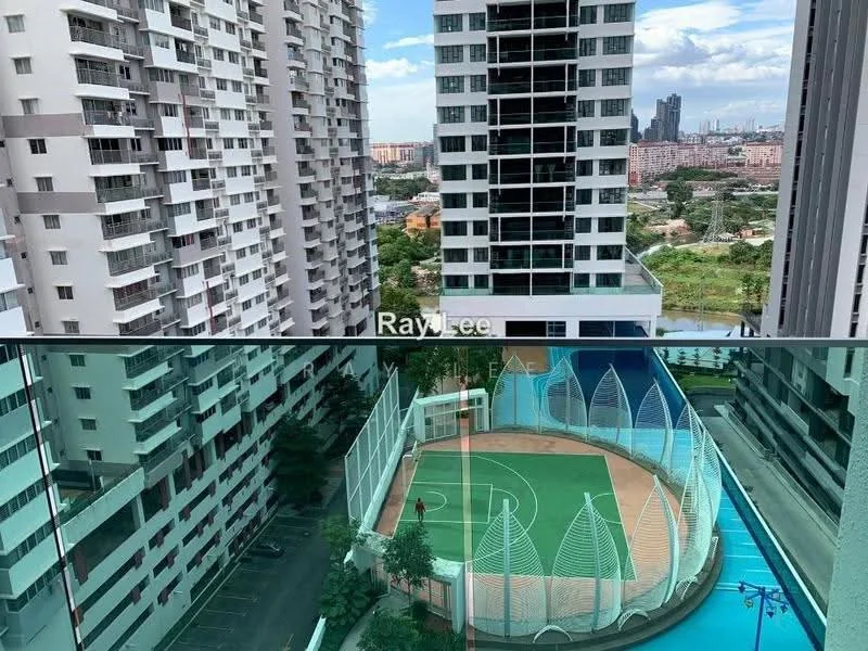 Exterior type: high-rise condominium; features: glass curtain wall, balconies with glass railings, basketball court, swimming pool, manicured landscaping, city skyline view, surrounded by urban development; style: modern.