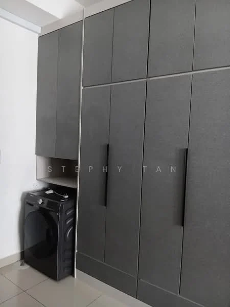 Laundry features: dark grey cabinetry, built-in cabinets, black front-load washing machine, ceramic tile flooring, white walls, countertop above washer, minimalist design; style: modern.