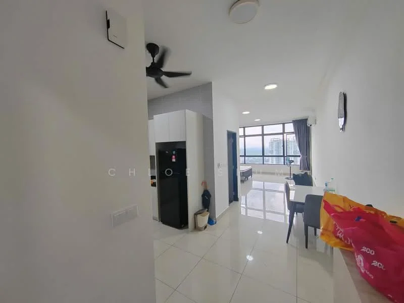 Room features: white painted walls, glossy tile flooring, 5-blade ceiling fan, floor-to-ceiling windows, black refrigerator, dining table with chairs, curtains, light fixtures, plastic bags, water bottle; style: modern; view: city.