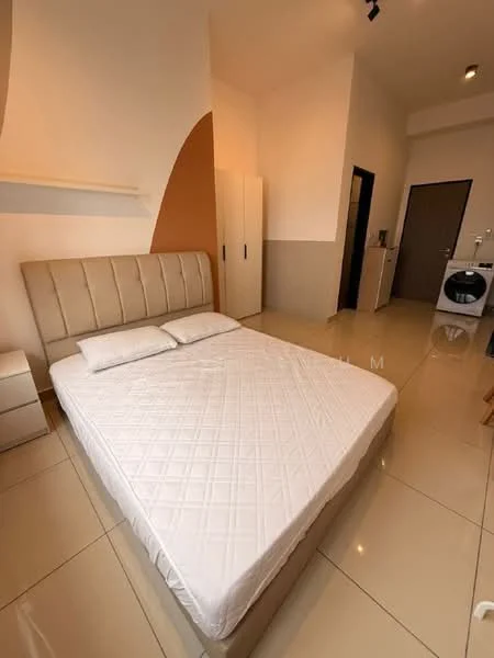 Bedroom features: queen-size bed, upholstered headboard, white bedding, two bedside tables, built-in wardrobe, cream painted walls, tile flooring, recessed lighting; style: modern.