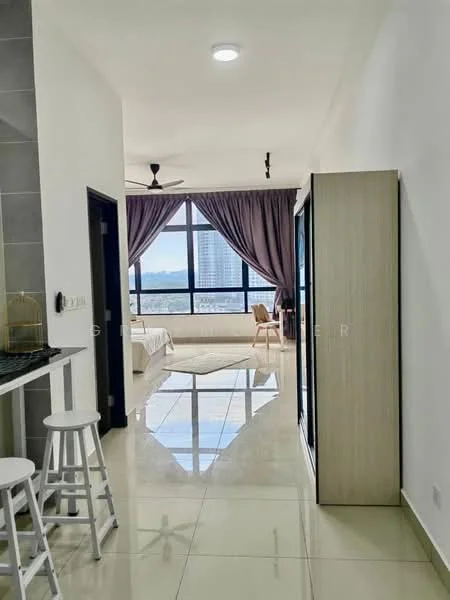 Room features: white painted walls, glossy tile flooring, large floor-to-ceiling windows, grey curtains, ceiling fan, open layout, built-in wardrobe, bar counter with stools, natural light, view of city skyline; style: modern; view: city.