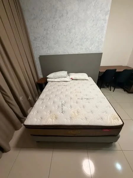 Bedroom features: queen-size bed, mattress with floral pattern, two pillows, grey headboard, beige curtains, cream painted walls, tile flooring, wooden bedside table, black dining chairs, small dining table; style: modern.