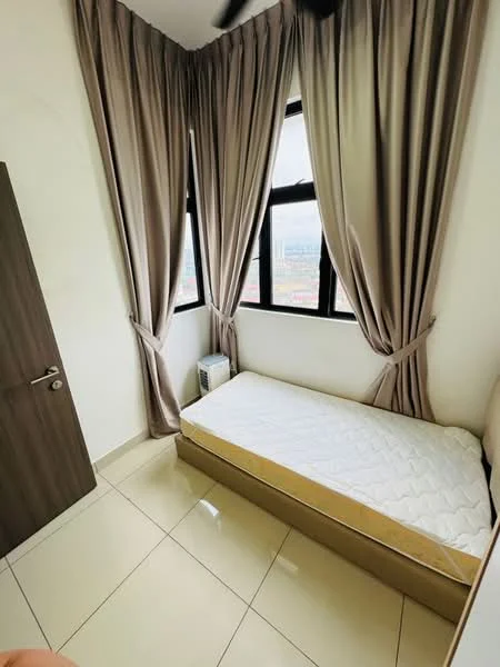 Bedroom features: single bed, cream wall paint, floor-to-ceiling windows, light brown wooden door, beige curtains, white tiled flooring, air conditioning unit, unmade bed with mattress; style: modern; view: city.
