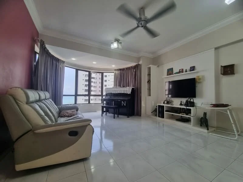 Living features: 3-seater leather sofa in light grey, floor-to-ceiling windows, curtains, white wall-mounted TV unit, wall-mounted TV, decorative shelf, recessed ceiling lights, ceiling fan, white tiled flooring, accent wall in burgundy, decorative items on shelves; style: modern; view: sea.