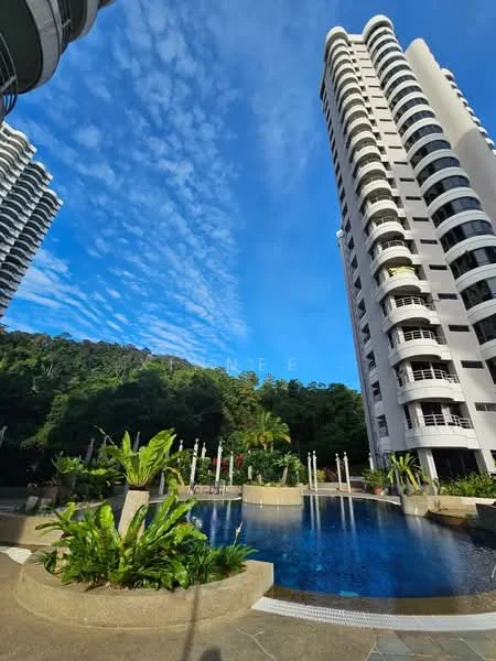 Exterior type: high-rise condominium; features: glass curtain wall, recessed balconies, infinity pool, landscaped garden with tropical plants, manicured lawn, surrounded by greenery, pool deck with loungers; style: modern.