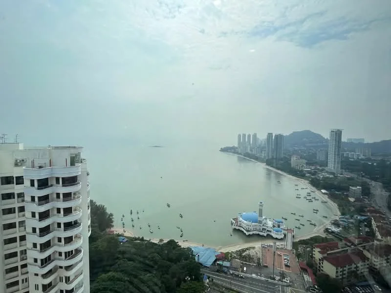 Exterior type: high-rise condominium; features: sea view, city skyline, surrounded by greenery, waterfront, boats in the water, urban context; style: modern.