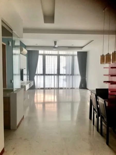 Living features: marble flooring, white painted walls, recessed downlights, 5-blade ceiling fan, floor-to-ceiling windows, sheer curtains, TV console, wall-mounted TV, dining table with chairs, decorative pendant lights; style: modern; view: city.