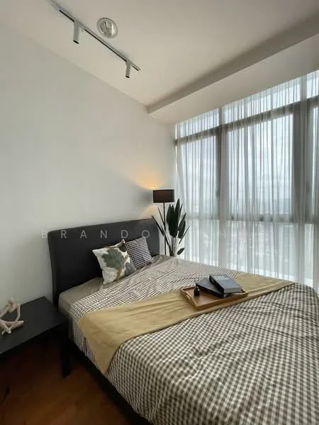 Bedroom features: king-size bed with grey upholstered headboard, plaid bedding in neutral tones, nightstand with lamp, floor-to-ceiling windows with sheer curtains, wooden flooring, decorative plant, wall-mounted track lighting, decorative artwork on nightstand; style: modern; view: city.