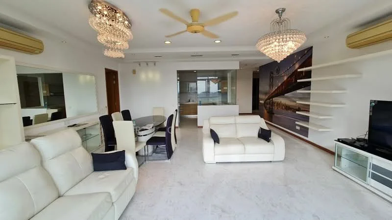 Living features: white leather sectional sofa, 2-seater white leather sofa, glass coffee table, wall-mounted TV, white shelving unit, chandelier with crystals, 5-blade ceiling fan with light, mirrored wall, dining table with 6 black upholstered chairs, marble flooring, air conditioning unit; style: modern; view: city.