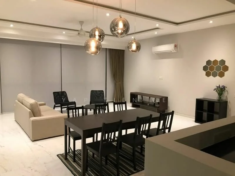 Living features: 3-seater fabric sofa in beige, 4-seater dining table, black dining chairs, pendant lighting with three globe bulbs, wall-mounted air conditioning unit, recessed downlights, grey painted walls, marble flooring, floor-to-ceiling windows with roller blinds, decorative wall with hexagonal pattern, curtains in light brown, area rug with striped pattern; style: modern.