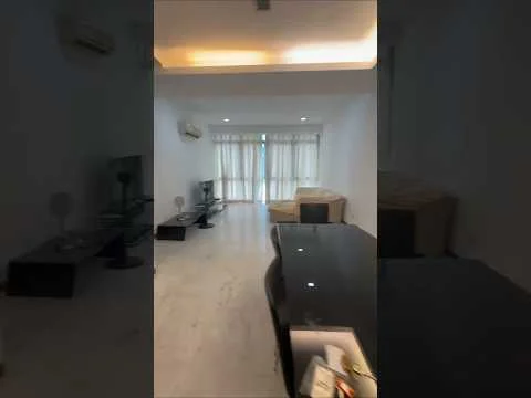 Living features: white painted walls, marble tile flooring, recessed downlights, 5-blade ceiling fan, floor-to-ceiling windows, sheer curtains, 2-seater fabric sofa in beige, black coffee table, TV console, wall-mounted TV, decorative mirror; style: modern.