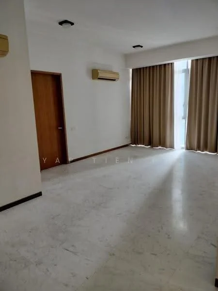 Room features: white painted walls, marble flooring, 2 wall-mounted split AC units, curtains, door, large window with natural light.