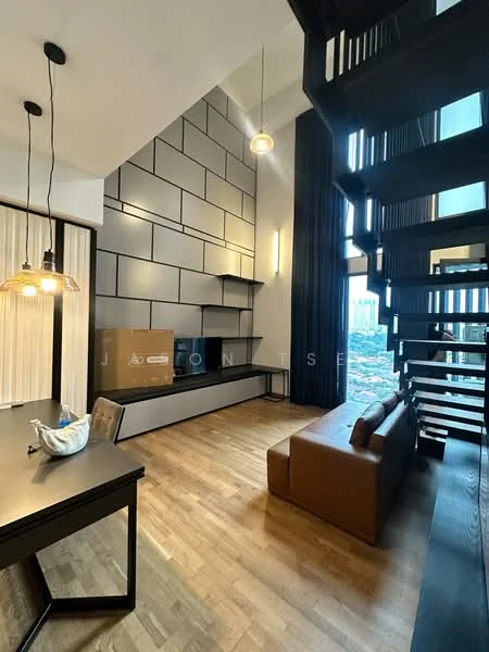 Living features: wood flooring, exposed brick accent wall, large windows with city view, sofa in brown leather, coffee table, TV console, pendant light fixture, dining table, staircase with wooden steps, black railing, curtains in dark fabric; style: modern; view: city.