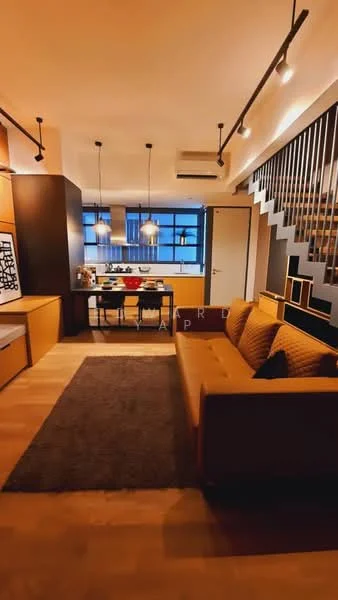 Living features: 3-seater fabric sofa in brown, wooden coffee table, area rug with geometric pattern, recessed downlights, pendant lamps, open shelving, wooden cabinetry, floor-to-ceiling windows, dining table with chairs, stainless-steel appliances, kitchen island, wooden staircase; style: modern; view: city.