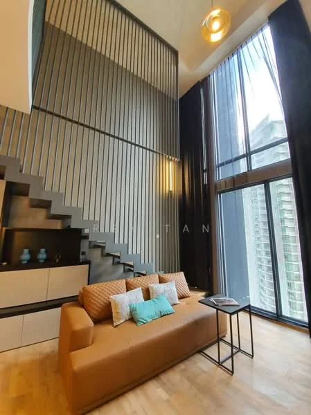 Living features: brown leather sofa, decorative cushions in blue and beige, wooden coffee table, high ceiling, floor-to-ceiling windows, black sheer curtains, wooden flooring, open staircase with metal railing, built-in cabinetry, wall-mounted decor, modern pendant light; style: modern; view: city.