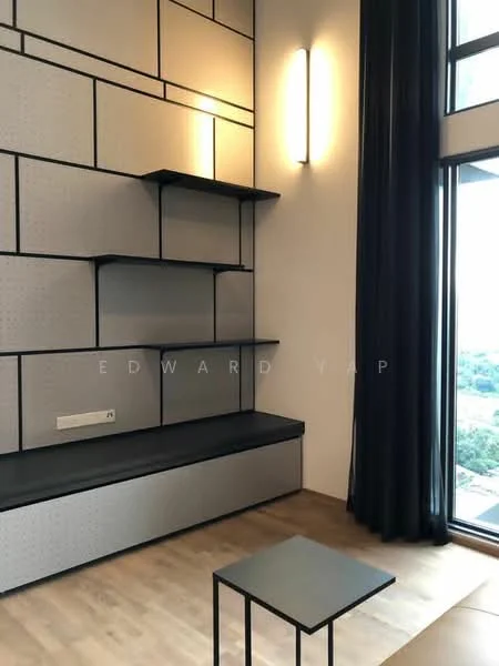 Room features: black floating shelves, grey accent wall with geometric pattern, wooden flooring, large window with city view, black curtain, wall-mounted light fixture, built-in bench seating, small black coffee table; style: modern; view: city.