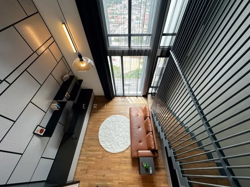 Living features: brown leather sofa, round area rug, wooden flooring, floor-to-ceiling windows, black metal railing, shelf unit with decorative items, pendant light fixture, city view; style: modern; view: city.