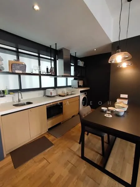 Kitchen features: white countertop, stainless-steel sink, chrome pull-down faucet, built-in oven, freestanding range oven, wood cabinetry with flat-panel design, open shelving, black accent wall, wooden flooring, recessed downlights, pendant lighting, dining table, black dining chairs; style: modern.