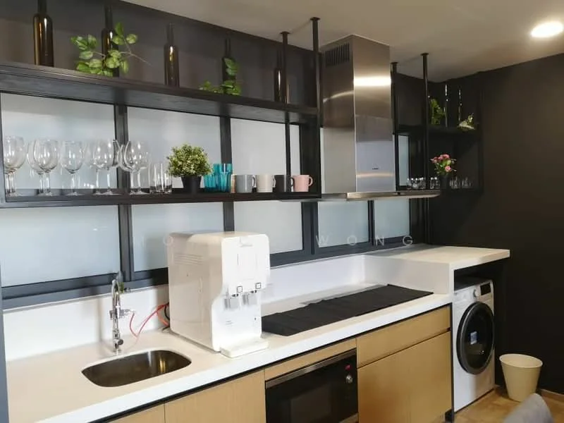 Kitchen features: white countertop, wood cabinetry, stainless-steel sink, chrome faucet, built-in oven, front-load washing machine, open shelving, glassware on shelves, decorative plants, black accent wall, stainless-steel range hood; style: modern.