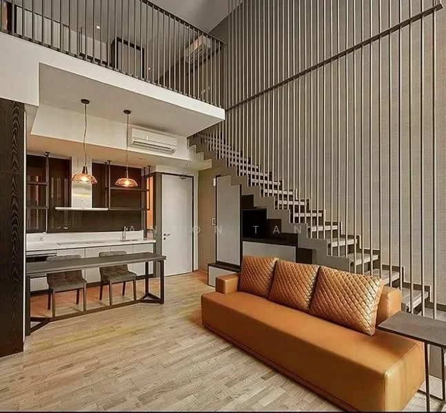 Living features: 3-seater leather sofa in orange, wooden flooring, open-plan layout, staircase with metal railing, pendant lighting above kitchen island, kitchen island with bar seating, built-in cabinetry, recessed downlights, air conditioning unit, floor-to-ceiling windows, neutral wall color, kitchen area with countertop; style: modern.