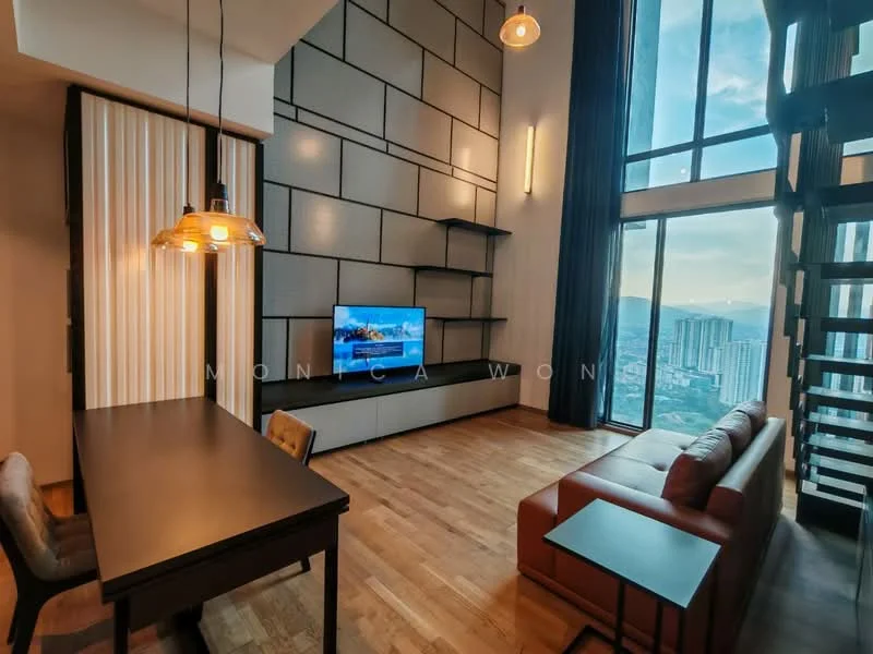 Living features: floor-to-ceiling windows, wooden flooring, grey accent wall, built-in shelving unit, wall-mounted TV, 3-seater leather sofa, coffee table, dining table with chairs, pendant lighting, city view; style: modern; view: city.