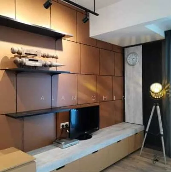 Living features: wood panel accent wall in brown, grey stone feature wall, built-in shelving, TV console with storage, flat-screen TV, decorative clock, spotlight floor lamp, recessed lighting, light grey flooring, neutral curtains; style: modern.