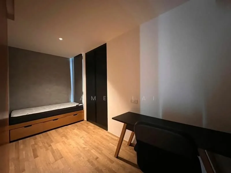 Bedroom features: single bed with mattress, wooden bed frame, grey accent wall, light wood flooring, desk with black surface, black chair, floor-to-ceiling window, built-in wardrobe with sliding doors, recessed downlights; style: modern.