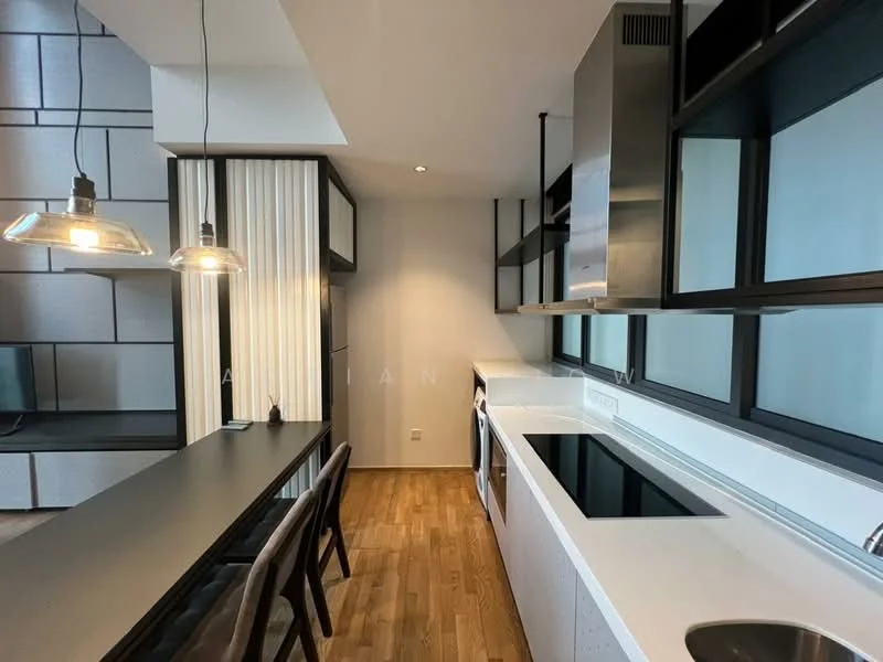 Kitchen features: white quartz countertop, stainless-steel sink, chrome pull-down faucet, built-in oven, freestanding range oven, stainless-steel range hood, black cabinetry, open shelving, pendant lighting, wooden flooring, floor-to-ceiling windows, bar seating area; style: modern.