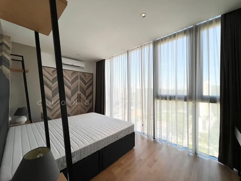 Bedroom features: queen-size bed, wooden flooring, floor-to-ceiling windows, sheer curtains, blackout curtains, wall-mounted air conditioning unit, decorative wall with chevron pattern, nightstand, table lamp; style: modern; view: city.