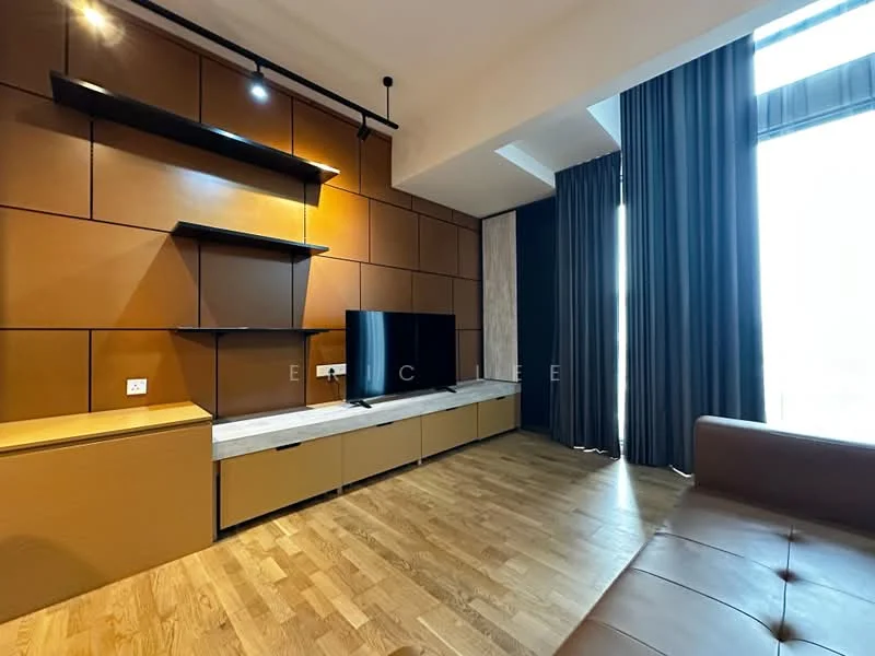 Living features: wooden flooring, brown accent wall, built-in shelving unit, TV console, wall-mounted TV, large windows with curtains, sofa, recessed lighting; style: modern.
