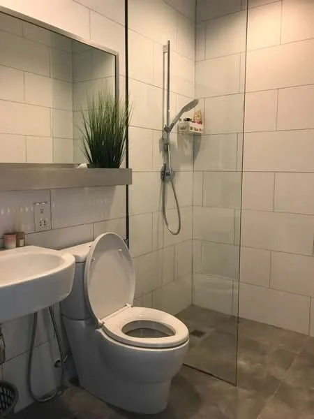 Bathroom features: white toilet, glass shower enclosure, rain shower head, handheld shower, grey tile flooring, white wall tiles, floating vanity with sink, large mirror, potted plant decor, wall-mounted shower controls, shelf above vanity; style: modern.
