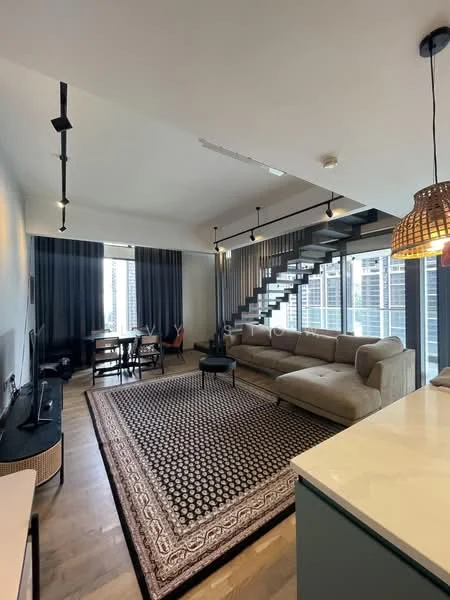 Living features: sofa in light grey, coffee table, area rug with geometric pattern, wall-mounted TV, TV console, floor-to-ceiling windows, wooden flooring, recessed downlights, pendant light, dining table with chairs, staircase with metal railing, curtains in dark blue, decorative wall art; style: modern; view: city.