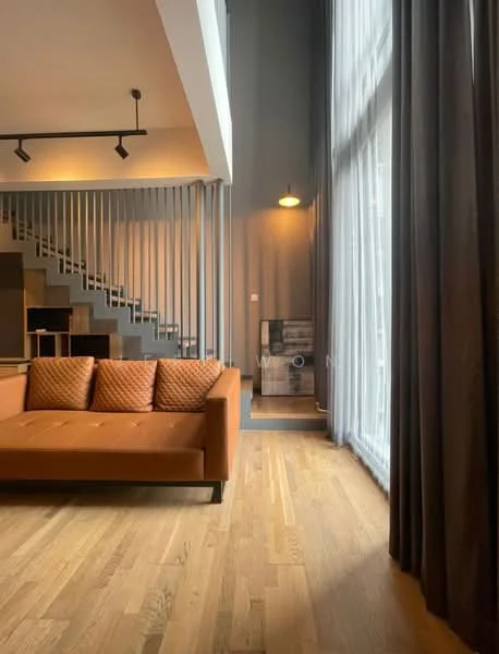 Living features: 3-seater fabric sofa in orange, wooden flooring, floor-to-ceiling windows, sheer curtains, dark grey walls, recessed LED downlights, track lighting, open staircase with wooden steps, decorative wall paneling, light fixture on wall; style: modern.