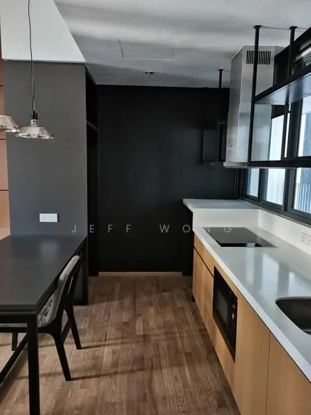 Kitchen features: white countertop, black cabinetry, built-in oven, induction cooktop, stainless-steel sink, chrome pull-down faucet, pendant lighting, wooden flooring, black accent wall, open shelving, dining table with chairs; style: modern.
