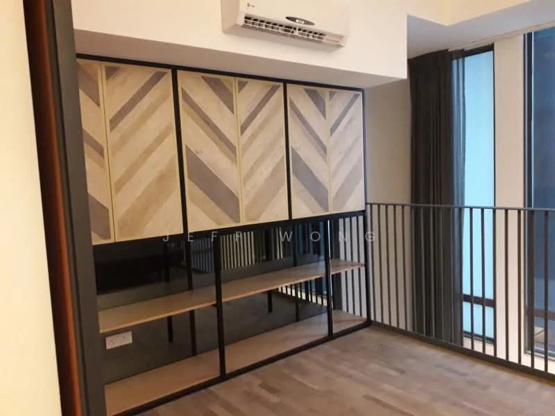 Room features: built-in cabinetry with herringbone pattern, open shelving, wooden flooring, wall-mounted split AC, large windows, metal railing, neutral wall color, modern design; style: modern.