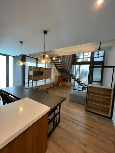 Living features: open-plan layout, wooden flooring, white painted walls, large windows with natural light, pendant lighting fixtures, staircase with wooden steps, built-in shelving unit, kitchen island with countertop, black metal frame, seating area, modern decor; style: modern.