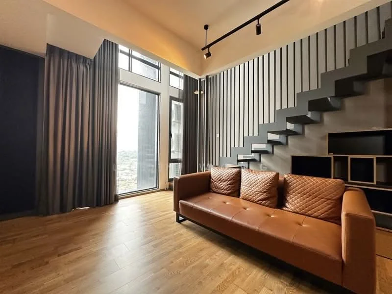 Living features: brown leather sofa, wooden flooring, floor-to-ceiling windows, grey accent wall, black metal staircase, curtains, built-in shelving unit, recessed lighting; style: modern; view: city.