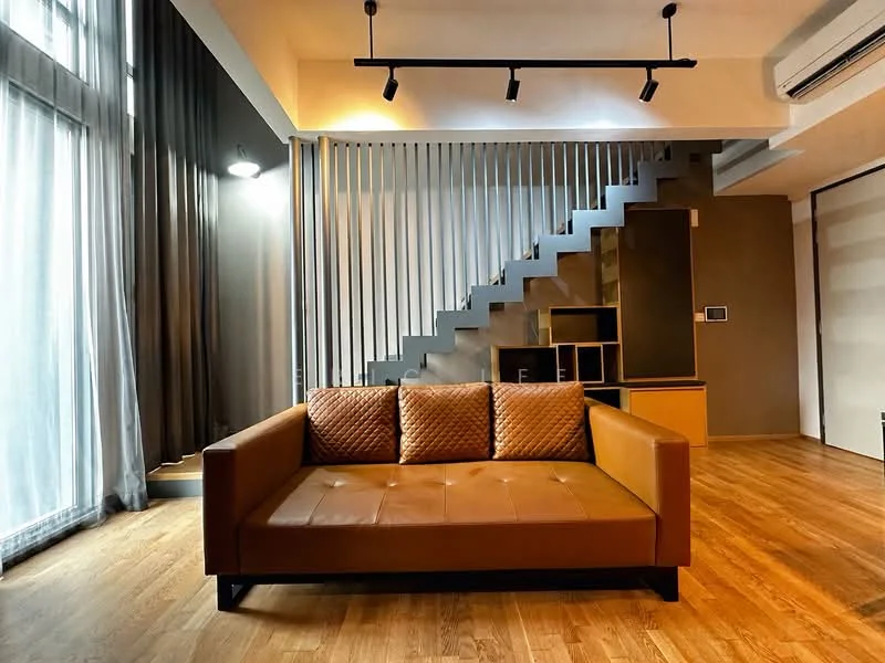 Living features: brown leather sofa, wooden flooring, floor-to-ceiling windows, sheer curtains, recessed LED downlights, track lighting, staircase with metal railing, open shelving unit, decorative wall paneling; style: modern.