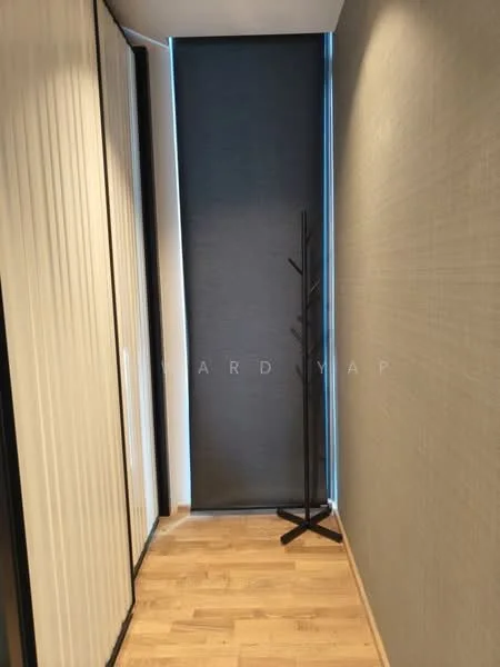 Room features: wooden flooring, light grey textured walls, black roller blinds, sliding wardrobe doors, coat rack, narrow hallway layout; style: modern.