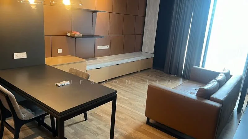Living features: wooden flooring, brown leather sofa, black dining table, 4 dining chairs, feature wall with brown panels, built-in TV console, floor-to-ceiling windows with sheer curtains, recessed lighting, decorative wall shelf; style: modern.