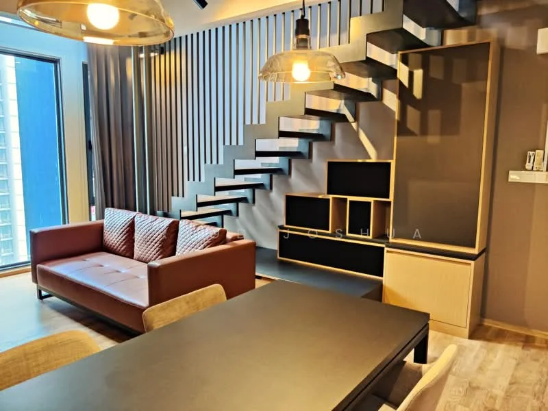Living features: brown leather sofa, wooden dining table, 4 dining chairs, metal staircase with wooden treads, suspended pendant lighting, wall-mounted shelving unit, wood panel accent wall, large window with city view, laminate flooring, recessed lighting; style: modern; view: city.