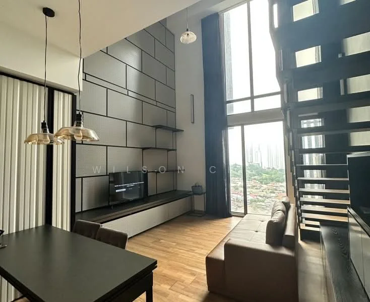 Living features: high ceiling, large floor-to-ceiling windows, grey accent wall, wooden flooring, wall-mounted TV, TV console, sofa in beige, dining table for four, pendant lighting, open space layout, view of city skyline; style: modern; view: city.