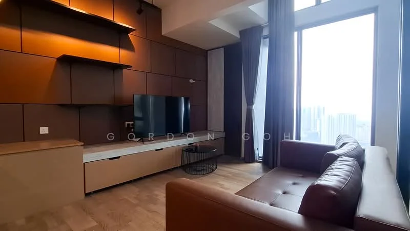 Living features: brown leather sofa, wooden coffee table, wall-mounted TV, floating wooden shelves, dark accent wall, large floor-to-ceiling windows, curtains, light wood flooring; style: modern; view: city.