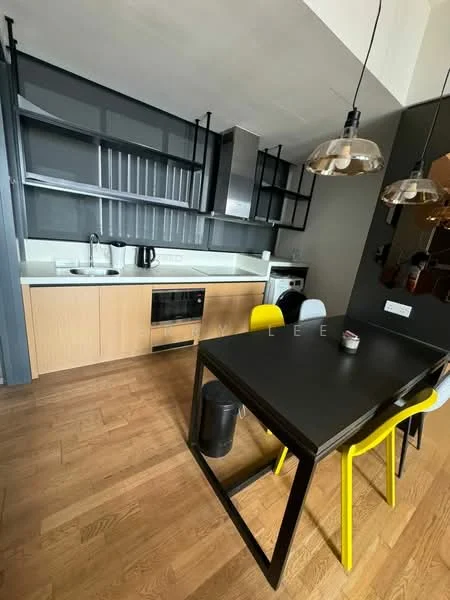 Kitchen features: single-bowl stainless-steel sink, chrome pull-down faucet, white countertop, wood cabinetry, built-in oven, stainless-steel range hood, 4-burner gas hob, black dining table, yellow and white dining chairs, pendant lighting, wood flooring, open shelving, kettle; style: modern.