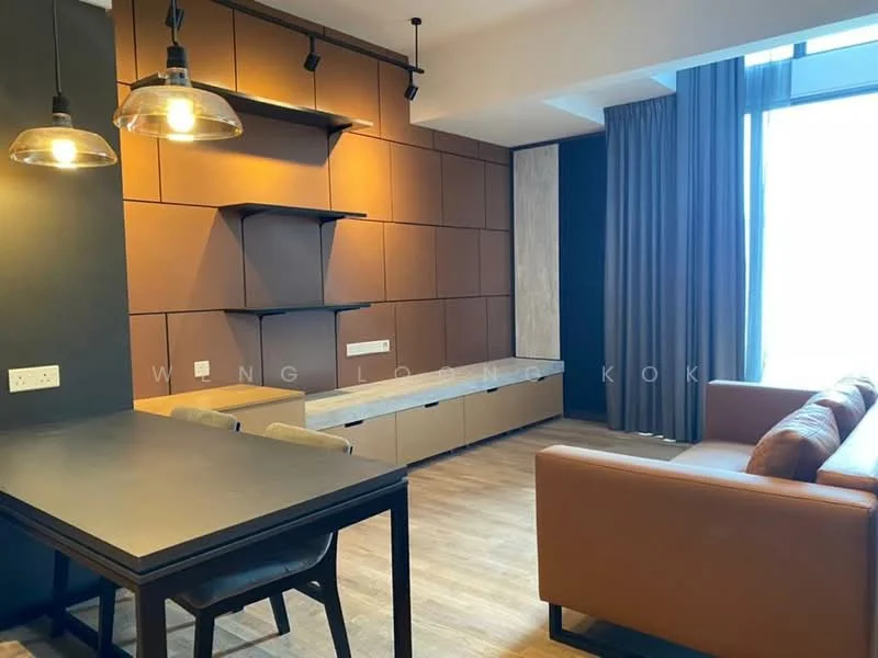 Living features: brown leather sofa, wooden coffee table, black dining table, 4 dining chairs, feature wall with brown panels, built-in shelving unit, large window with city view, curtains, wooden flooring, recessed lighting; style: modern; view: city.